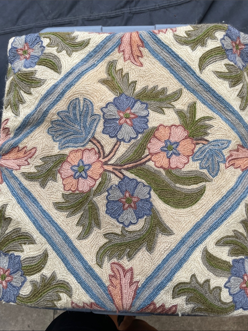 Vintage Kashmiri Hand Embroidered Crewel Pillow Cover 15x15 Floral Cotton Canvas